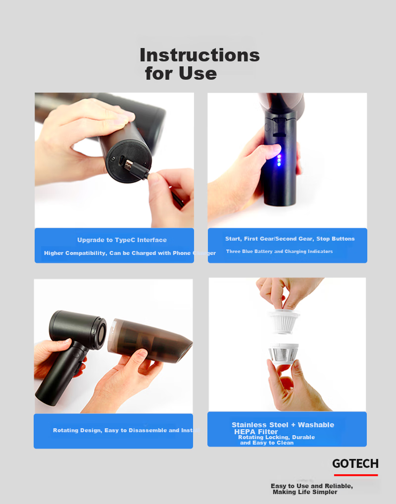 Gaotaike Car Vacuum Cleaner, Powerful Suction, Handheld Vacuum for Car And Desktop Use, Cordless, Portable, Long Battery Life, Cool Black Color 6