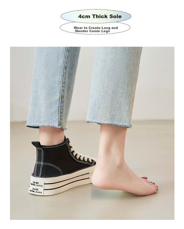 ZHR Canvas Shoes for Women, Classic Thick-Soled High-Top Casual Shoes, Lightweight Breathable Round-Toe Women's Shoes, CS32, Black, Size 37 4