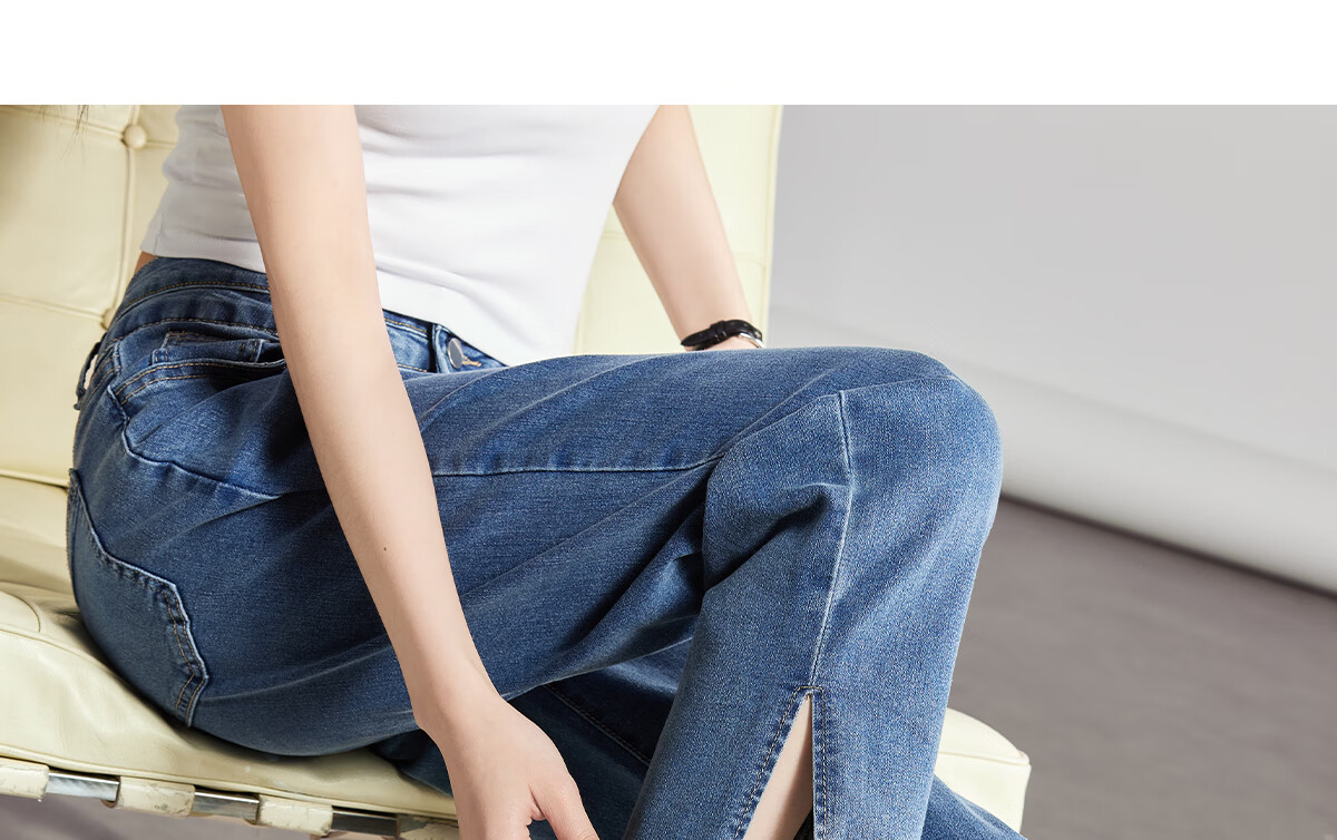 PinCai Women's Cropped Jeans, Petite Size, Solid Color, Slim Fit, High-Waisted, Stretchy, Side Slit, Straight-Leg Casual Pants P12KN1978 41
