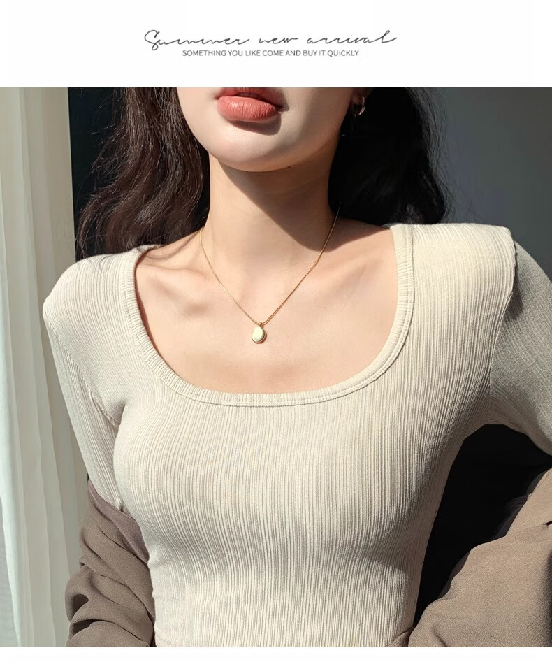 Yuzhaolin Women's Basic Long Sleeve T-Shirt Thin Large U-Neck Slim Fit Simple Versatile Top for Spring and Autumn 8