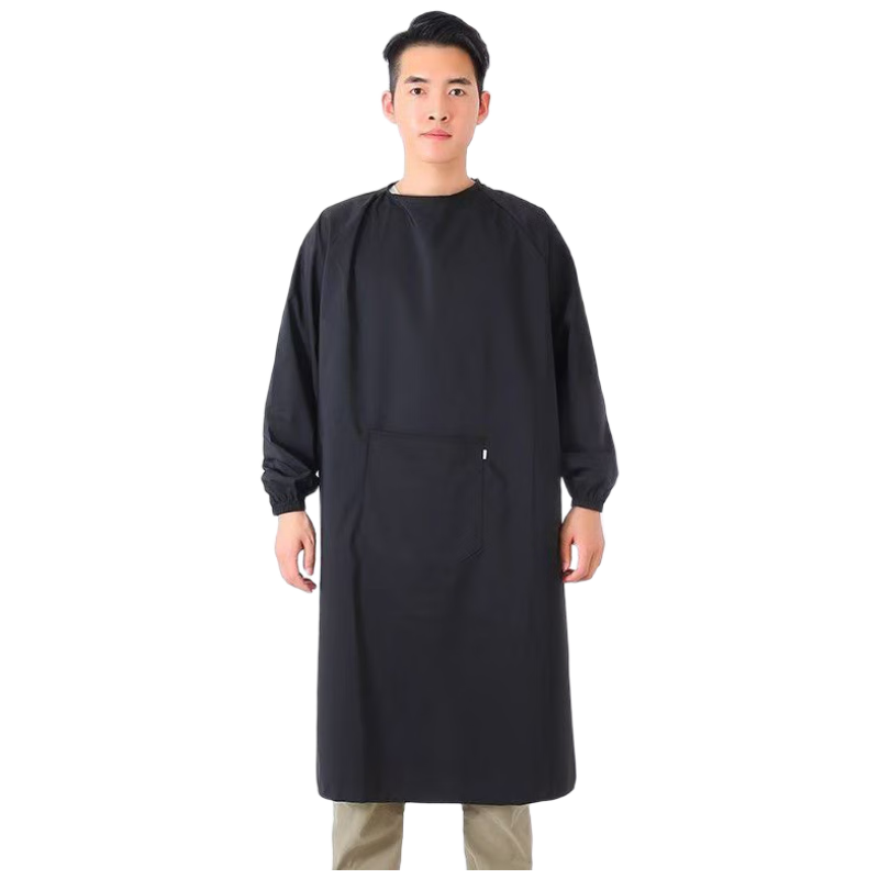 Minggu Long-Sleeve Apron, Waterproof, Oil-Resistant, Acid And Alkali Resistant, Kitchen Restaurant Canteen Serving Apron, Black Pocket Style CW716698