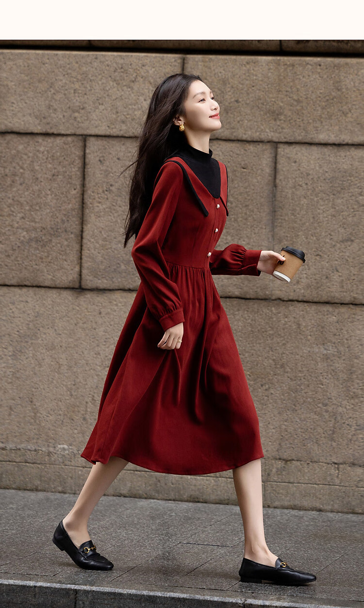 DME "Balman Rose" Spring and Autumn Design Commuter Half High Neck Petite Pearl Button Waist Slimming Women's Dress 14