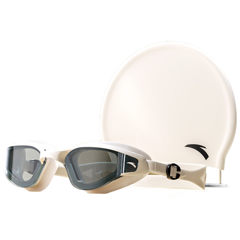 ANTA Swimming Goggles, Waterproof And Anti-Fog, Swim Cap, Swimming Equipment, Adult Goggles, White Non-Prescription Set
