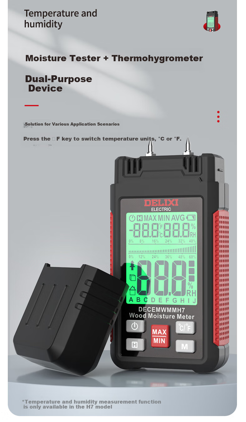DELIXI ELECTRIC Wood Moisture Meter, High-Precision Digital Probe Moisture Tester, Measuring Instrument with Temperature And Humidity, 7 Types of Curves 6