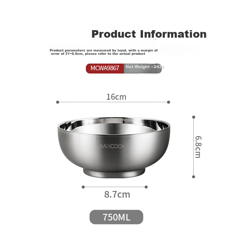 MAXCOOK 316L Stainless Steel Bowl, Salad Bowl Soup Bowl Double-Layer Insulated Rice Bowl Tableware Noodle Bowl 16cm MCWA9867