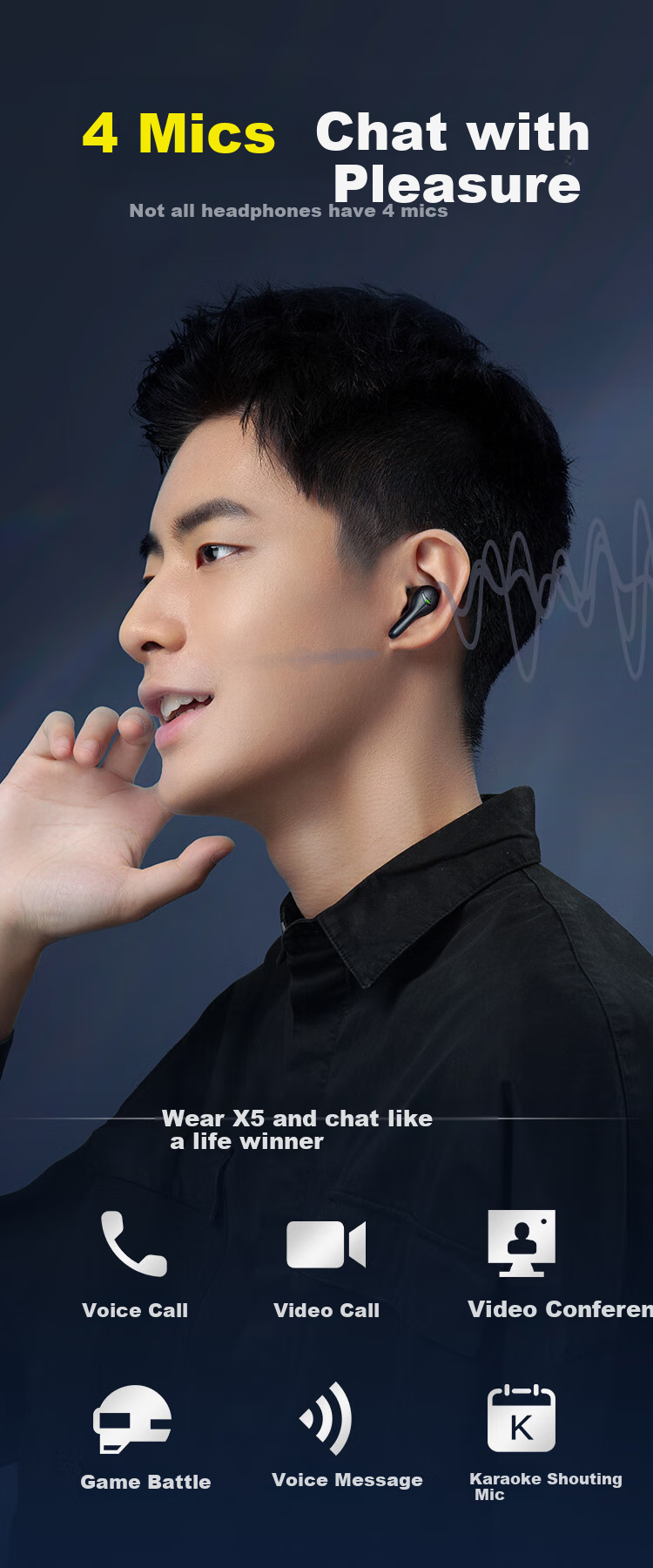 IGene [4 Microphone Gaming Enhanced Version] Bluetooth In-Ear Wireless Headset for Esports, Zero Delay, Noise Reduction, High-Quality Sound, Long Battery Life, Compatible with Apple, Huawei, Xiaomi 3