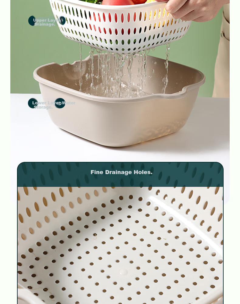 BJ Double-Layer Draining Basket, Plastic Draining Basket, Vegetable Washing Basin, Fruit Plate, Household Stackable Storage Basket, 6-Piece Set 5
