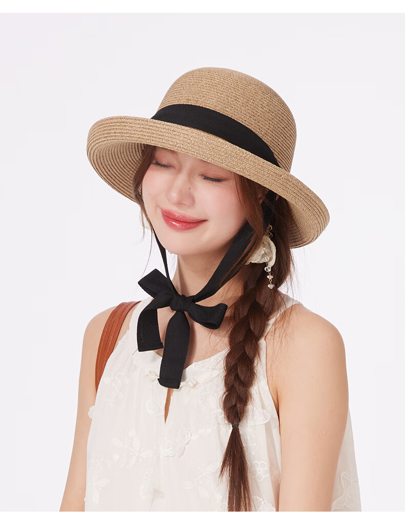 CACUSS Straw Hat for Women, Summer Sun Hat, French Elegant Style, Face-Slimming Effect, Rear Split with Bow, Beige 11