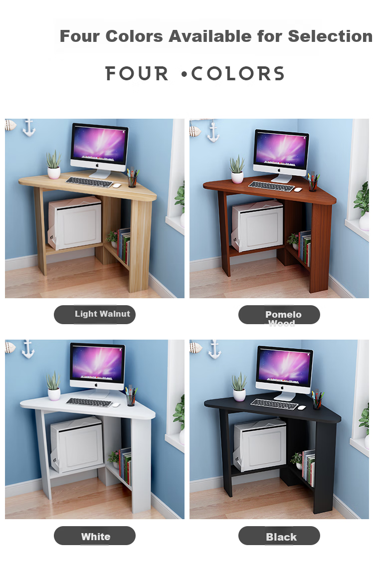 KULIN Computer Desk, Corner Desk with Storage Shelf, Triangular Desk for Small Spaces, Walnut Color 2