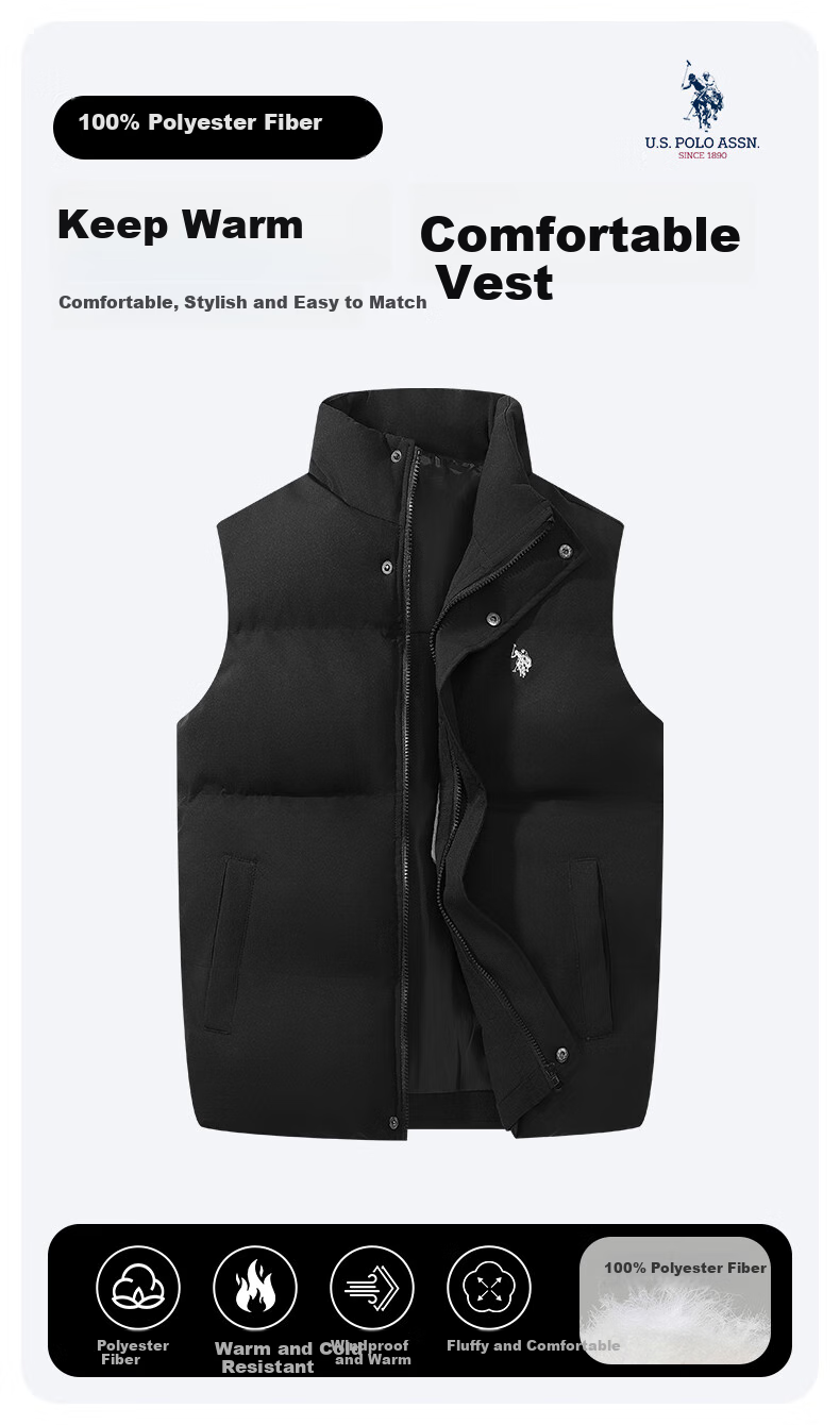 U.S. POLO ASSN. Men's Down Cotton Vest Autumn Winter Outdoor Windproof Versatile Sleeveless Warm Jacket Gray L 2