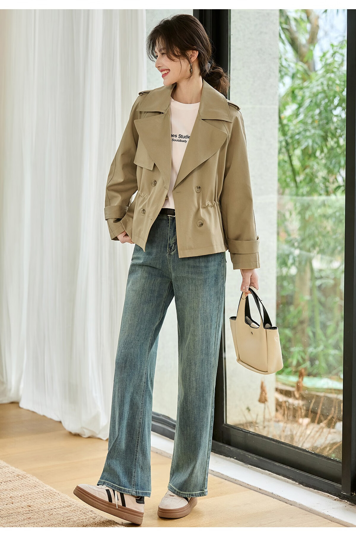 Taxiang British Style Short Windbreaker for Petite Women, Loose-Fitting Short Jacket, Versatile Casual Outerwear for Spring And Autumn, T51D025 13
