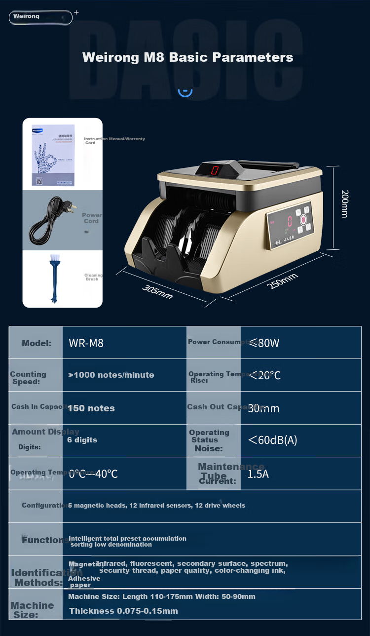 Weirong M8 Banknote Counter, New Version of RMB Intelligent Voice Small Banknote Verification Machine, Class B for Banks, Mixed Old And New Notes, Silver Model 2025 5