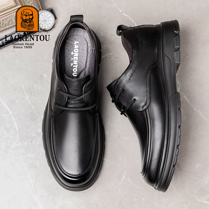 LAORENTOU Men's Leather Shoes, Spring And Autumn Casual Leather Shoes, Top-Grain Cowhide, Thick Sole, Non-Slip, Middle-Aged Dad Shoes, LA108 Black, Size 38