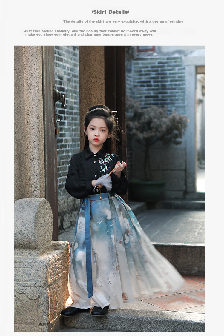 Qibo Girls' Spring 2025 New Chinese-Style Hanfu Top (Top Only), Ma Face Skirt, Ink-Style Top 7