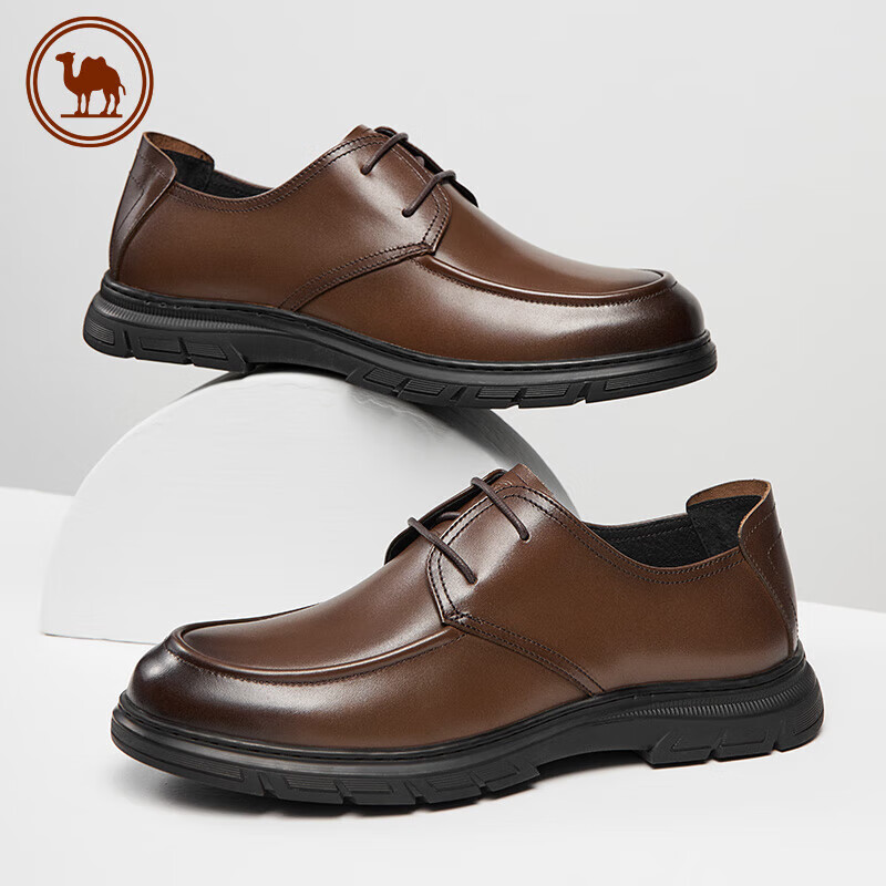 CAMEL Brand Men's Leather Shoes, Cowhide Business Lace-Up Derby Shoes, Formal Casual Wedding Shoes, P15S005005, Brown, Size 40