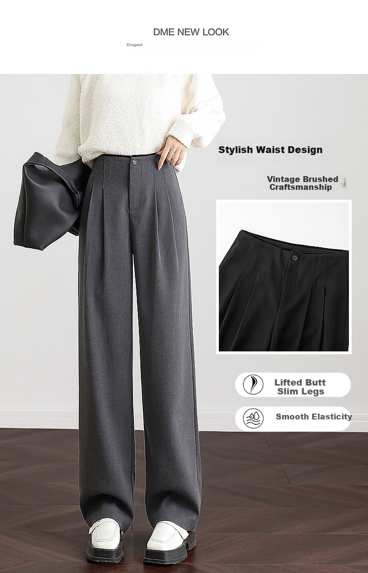 Dme [Zhi Gan Low Saturation] Spring And Autumn Smart Commute Waist-Cutting Color-Block Long Pants Double-Folded Brushed Women's Casual Trousers 3