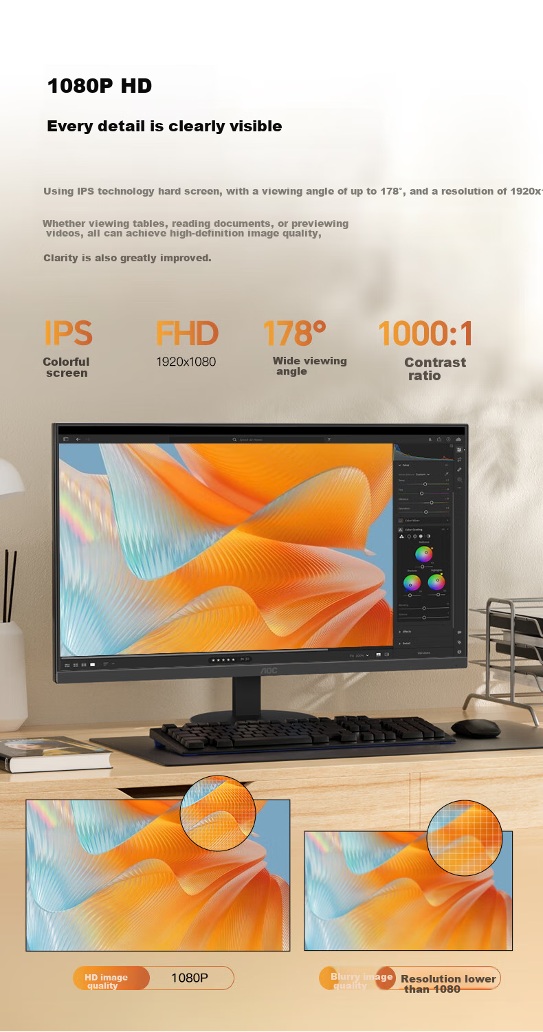 AOC Monitor, 27-Inch IPS Computer Display Screen, Height Adjustable And Rotatable, Office Study Eye Protection Low Blue Light, Desktop Expansion Laptop External Display Screen 27P10Q 4