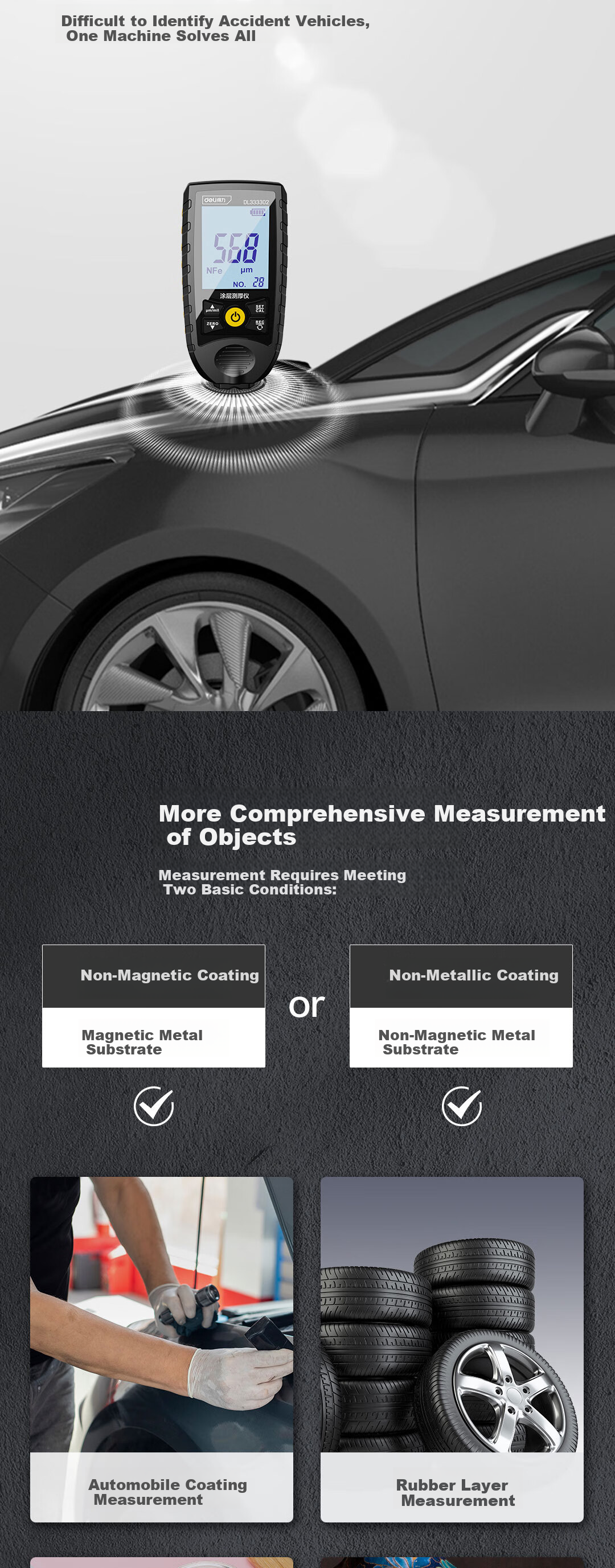 Deli Large Range Dual-Screen Rotatable Digital Coating Thickness Gauge for Automotive Paint and Rubber Coating 3