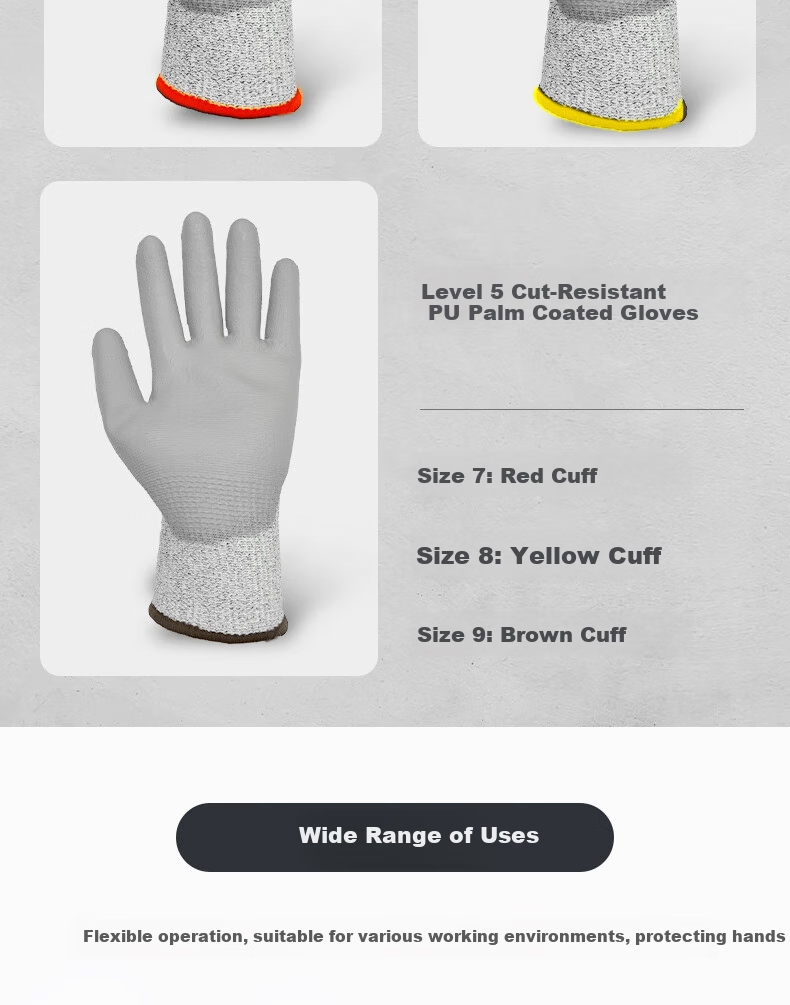 Huixiang JINGDONG Industrial Own Brand Cut-Resistant PU Palm Coated Gloves 150801 (Level 5) Size 9 3 Pairs/pack HPPE Thickened Dense Flexible Wear-Resistant Hand-Fitting EU CE Certified 11