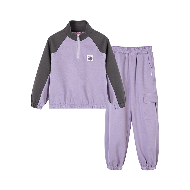 Follow Me Girls' Color Block Set Spring And Autumn Casual Sports Two-Piece Outfit Children's Jacket Knit Pants Purple/gray 140
