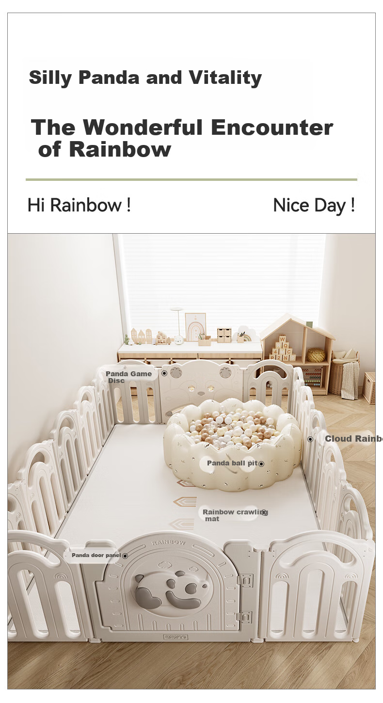 BG-BABYGO Rainbow Panda Game Fence, Baby Crawling Mat, Integrated Protective Barrier, Indoor Child Playpen for Home Use 9