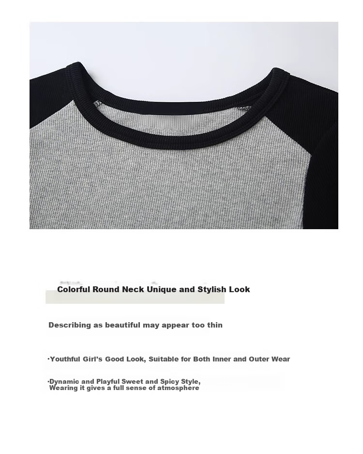 NOME Color Block Spliced Long Sleeve T-Shirt for Women, Autumn New Style Design Inner Layer Raglan Sleeve Top, Gray, L 6