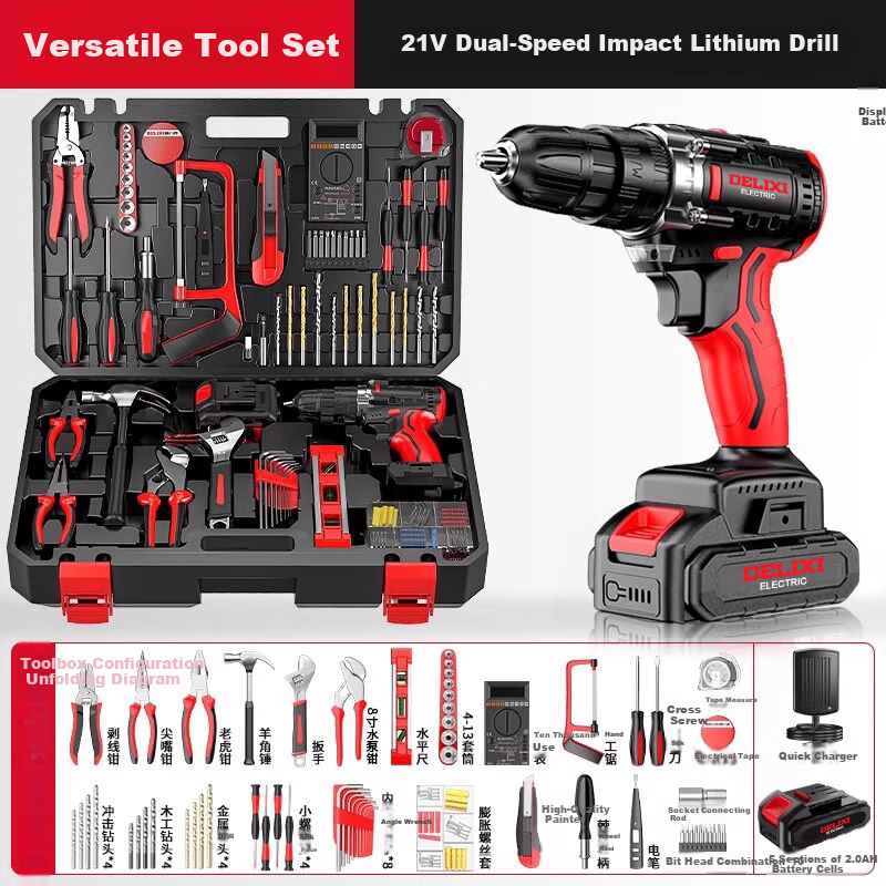 DELIXI ELECTRIC 21V Impact Household Lithium Drill, 122-Piece Set, Electrician-Specific Repair Multi-Functional Hand Drill Tool Box Complete Set