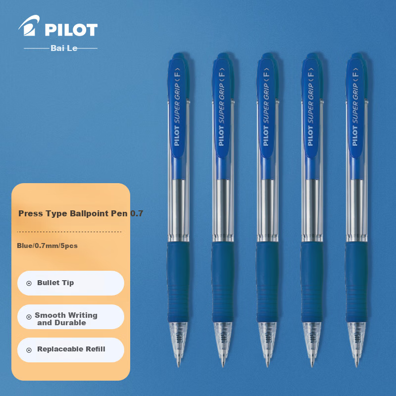 PILOT Retractable Ballpoint Pen, Rollerball Pen for Students, Office Use And Exams, Push-Button Round Ball Pen BPGP-10R, 0.7mm, Blue, 5 Pieces