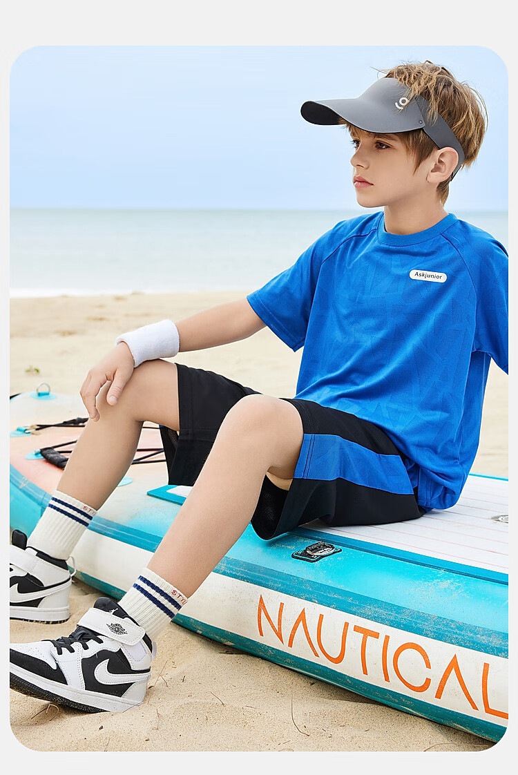 ASK JUNIOR Children's Clothing Set, Boys' Summer Outfit, Cool Thin Short-Sleeve T-Shirt And Shorts, Running Sports Two-Piece Set, Blue 30