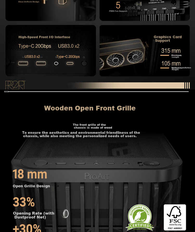 ASUS ProArt Chuangmeng40 PA401 Muyi Tiyun Edition Case, Powerful Cooling, Wooden Art Front Air Grille, Tool-Free Disassembly And Assembly, Power Button Lock, PWM Switch 3
