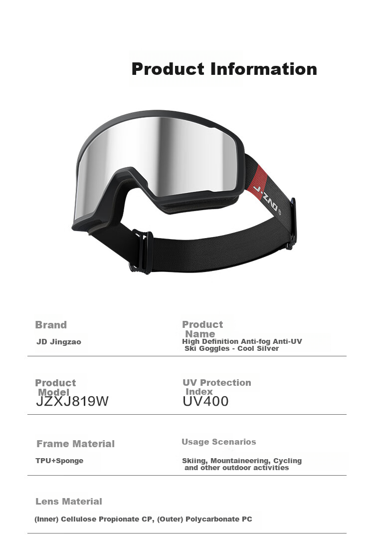 JD Original REVO Coated Double-Layer Anti-Fog Ski Goggles, Mountain Climbing And Skiing Glasses, Protective Eyewear for Men And Women, Cool Silver 7