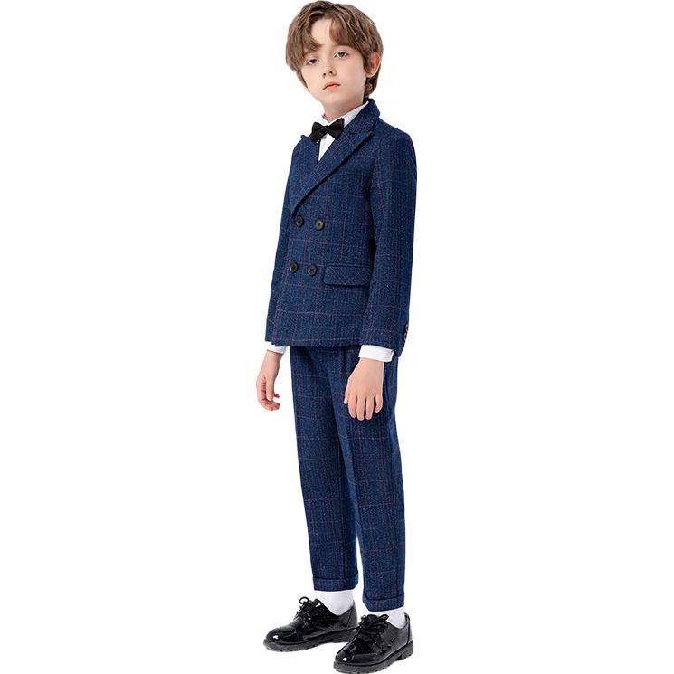 LUOBOBEIBEI Children's Suit Plaid Boys Formal Wear Set for Piano Performance, Host, And New Year Greetings, Navy Blue Five-Piece Set, Size 150
