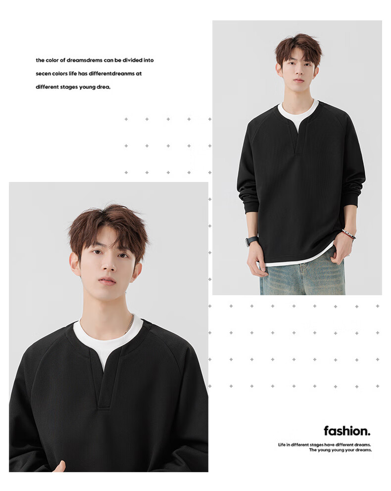 MMOPTOP Japanese-Style Color-Block Faux Two-Piece Crew Neck Sweatshirt, Spring And Autumn Men's Loose Comfortable Top, MWY15 Black XL 7