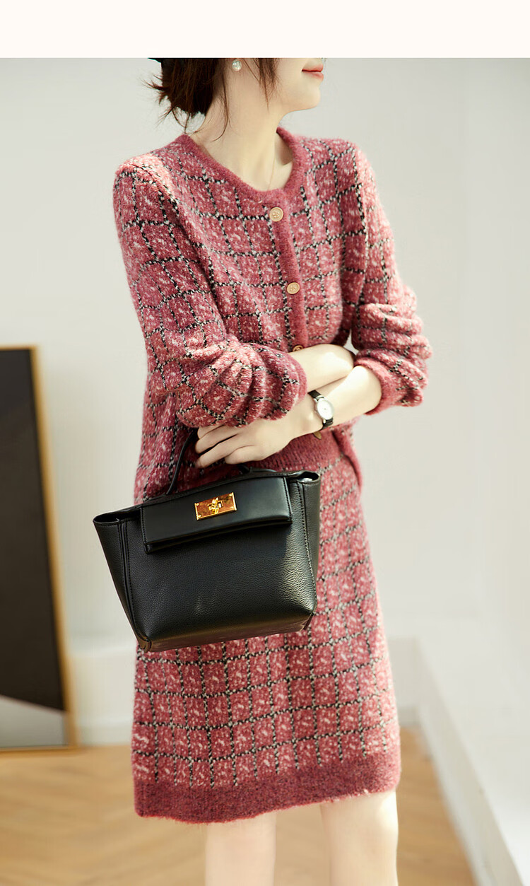 DME Chic Two-Piece Set Spring Autumn Plaid Round Neck Top High Waist A-Line Skirt Women's Fashion 8