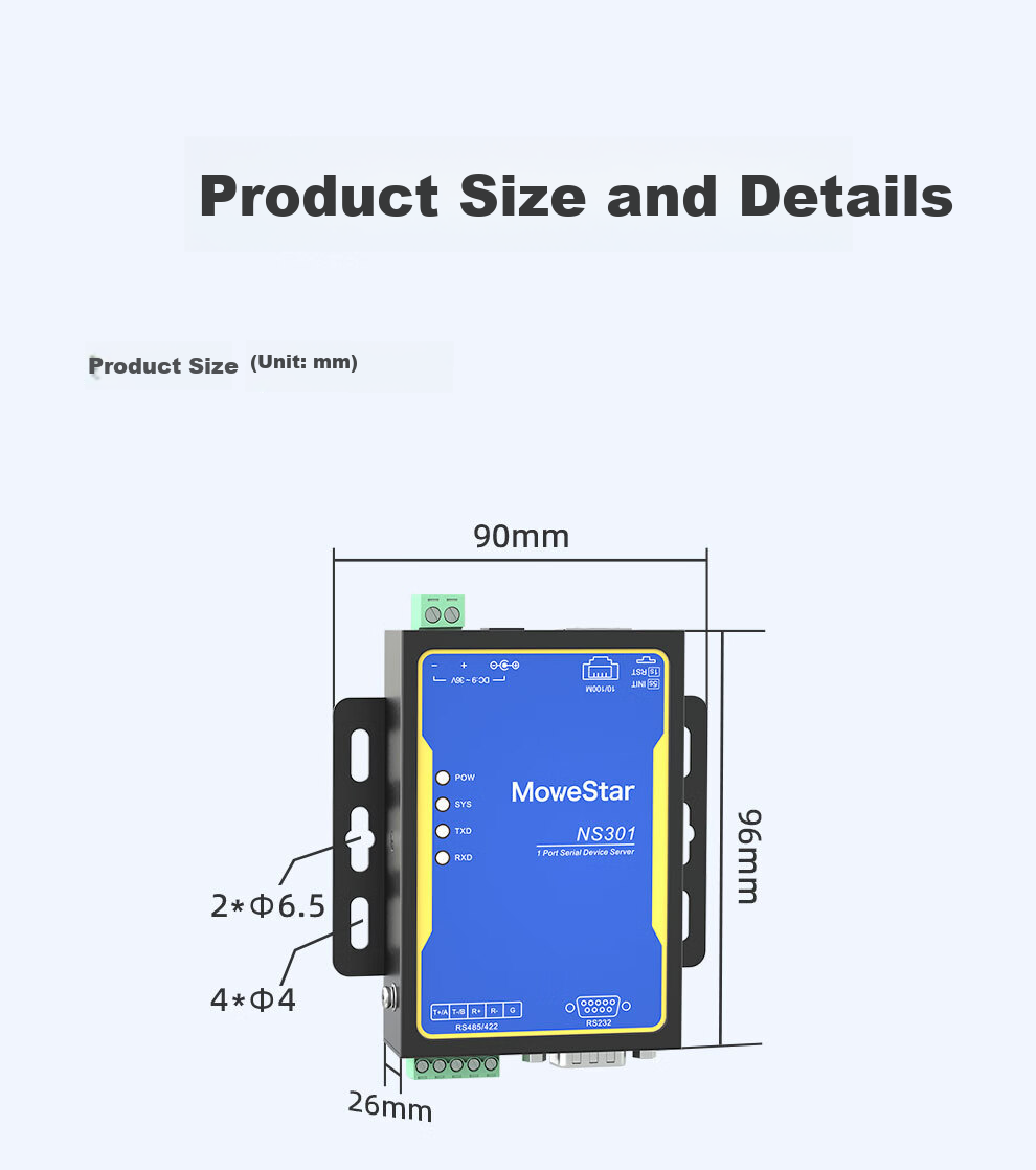 MoweStar Serial Server Isolated RS232/422/485 to Ethernet TCP/IP Networking Module Serial 485 to RJ45 Modbus Gateway NS301I 7