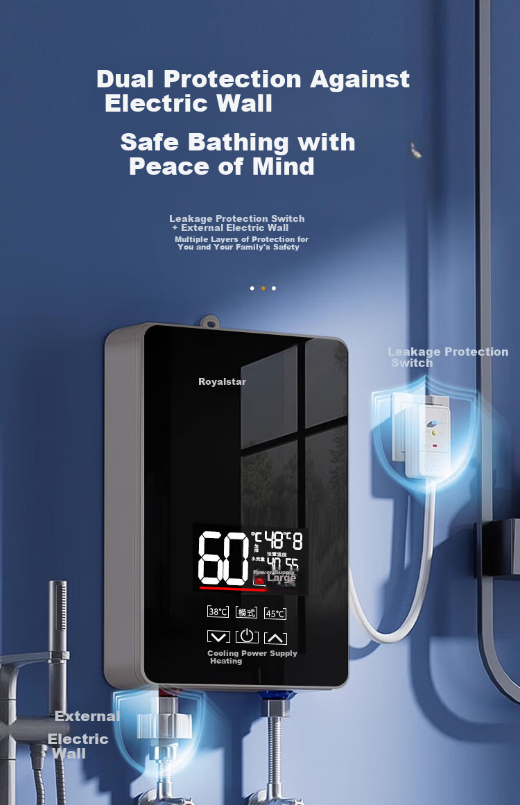 Royalstar Instant Electric Water Heater for Home Use, Fast Heating, Compact Kitchen Treasure, Bathroom Instant Heating, No Water Storage Required, Variable Frequency Constant Temperature, 6000W, Water And Electricity Separation + Unlimited Hot Water + Leakage Protection Switch 15
