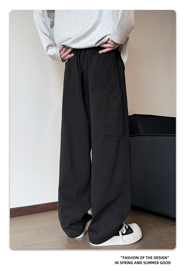 CLOR Japanese-Style Cargo Pants for Men, Spring And Summer Loose-Fit Pure Cotton Vintage Logging Straight-Leg Casual Trousers, CL55 Black XL 5