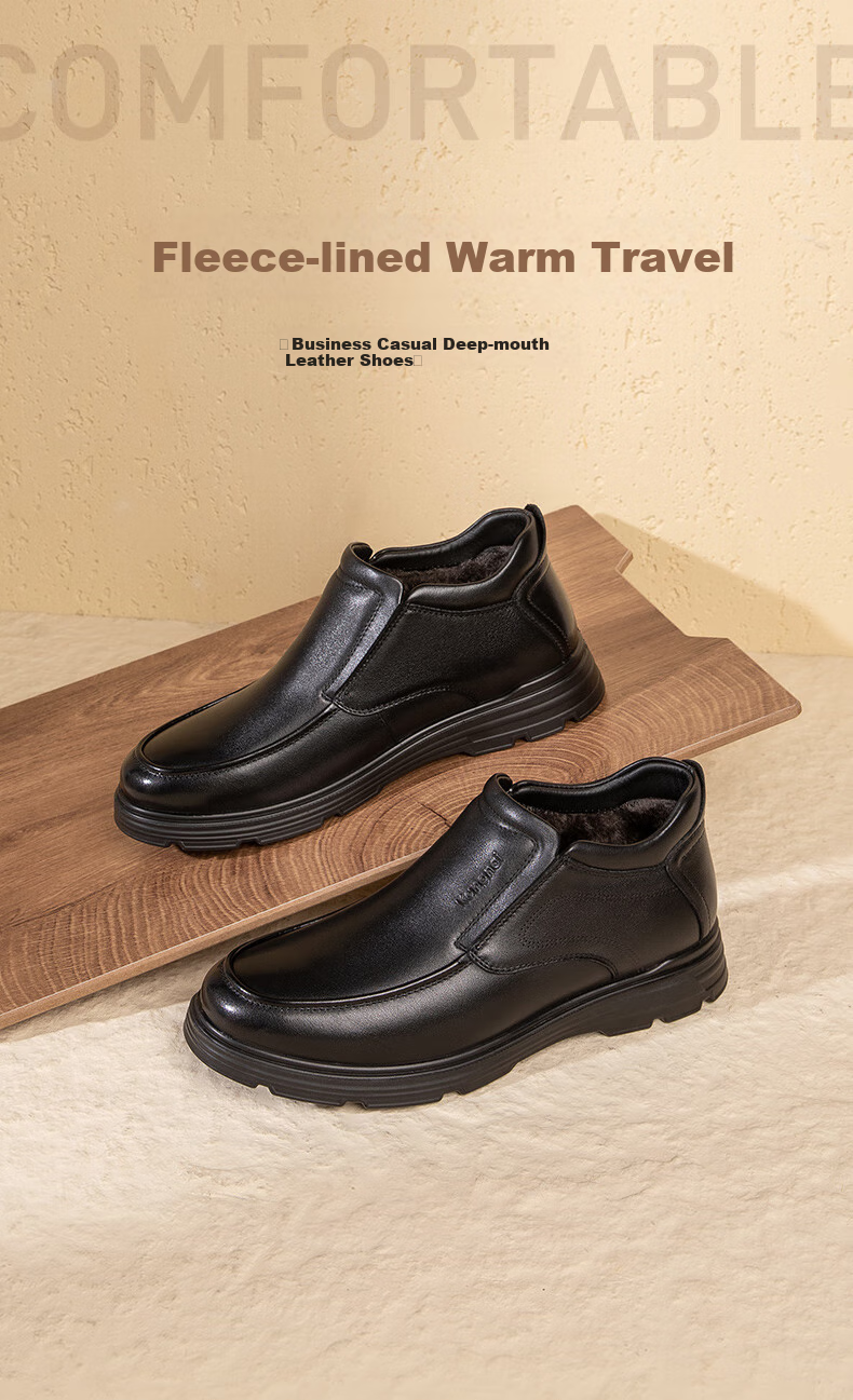Kangnai Men's Shoes, Top-Layer Cowhide, Winter Warmth, Fleece-Lined, High-Top Leather Shoes, Men's Business Casual Shoes, Black, Size 39 1