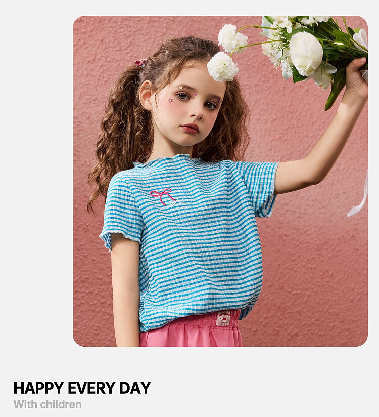 ASK JUNIOR Striped Contrast Color Children's Short-Sleeve T-Shirt, Summer Lightweight Breathable Girls' Butterfly Bow Half-Sleeve Tee, Blue, Size 120 4