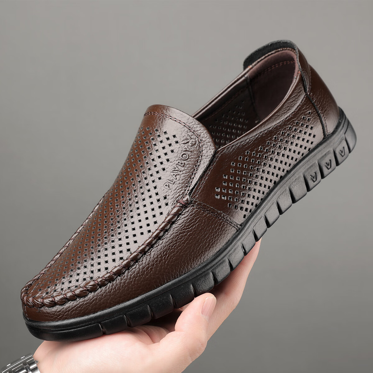 PLAYBOY Men's Shoes Summer Hollow Breathable Soft Leather Middle-Aged Dad Shoes Slip-On Business Casual Leather Shoes Dark Brown Size 38