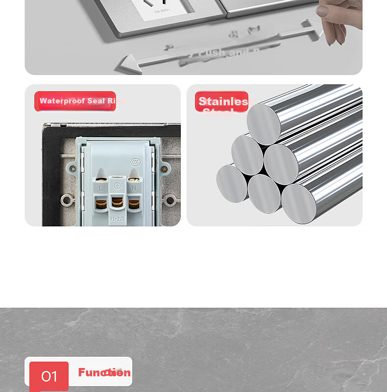 FDD Floor Socket, 86-Type Flat Push-In Floor Socket, Ultra-Thin Sliding Cover, Stainless Steel Waterproof Wall Concealed Box Floor Socket Box, Silver, Five Holes 6
