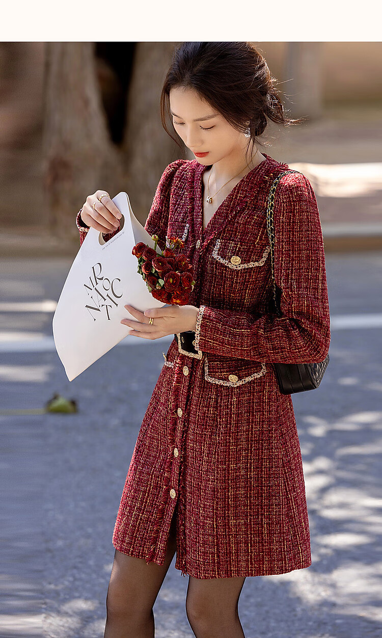 Dme [Qianjin Madeleine] Winter Socialite Little Chanel Style V-Neck Tassel Frayed Ribbon A-Line Mid-Length Dress for Women 13