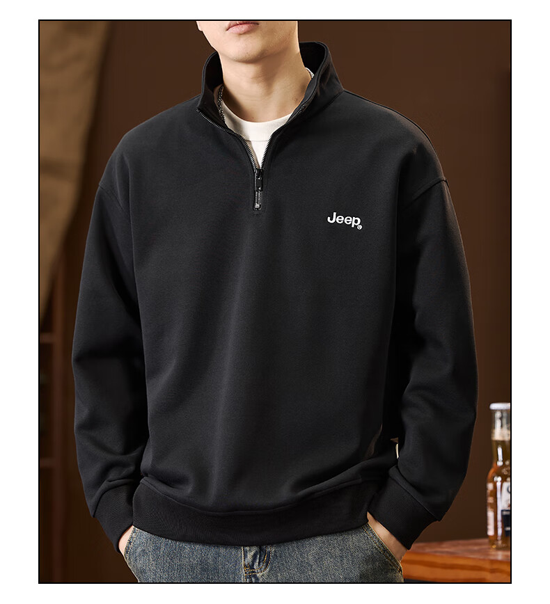 JEEP American-Style Sweatshirt for Men, Spring Trendy Semi-Turtleneck Zip-Up Top, Loose Casual Long-Sleeve T-Shirt for Men's Clothing 9