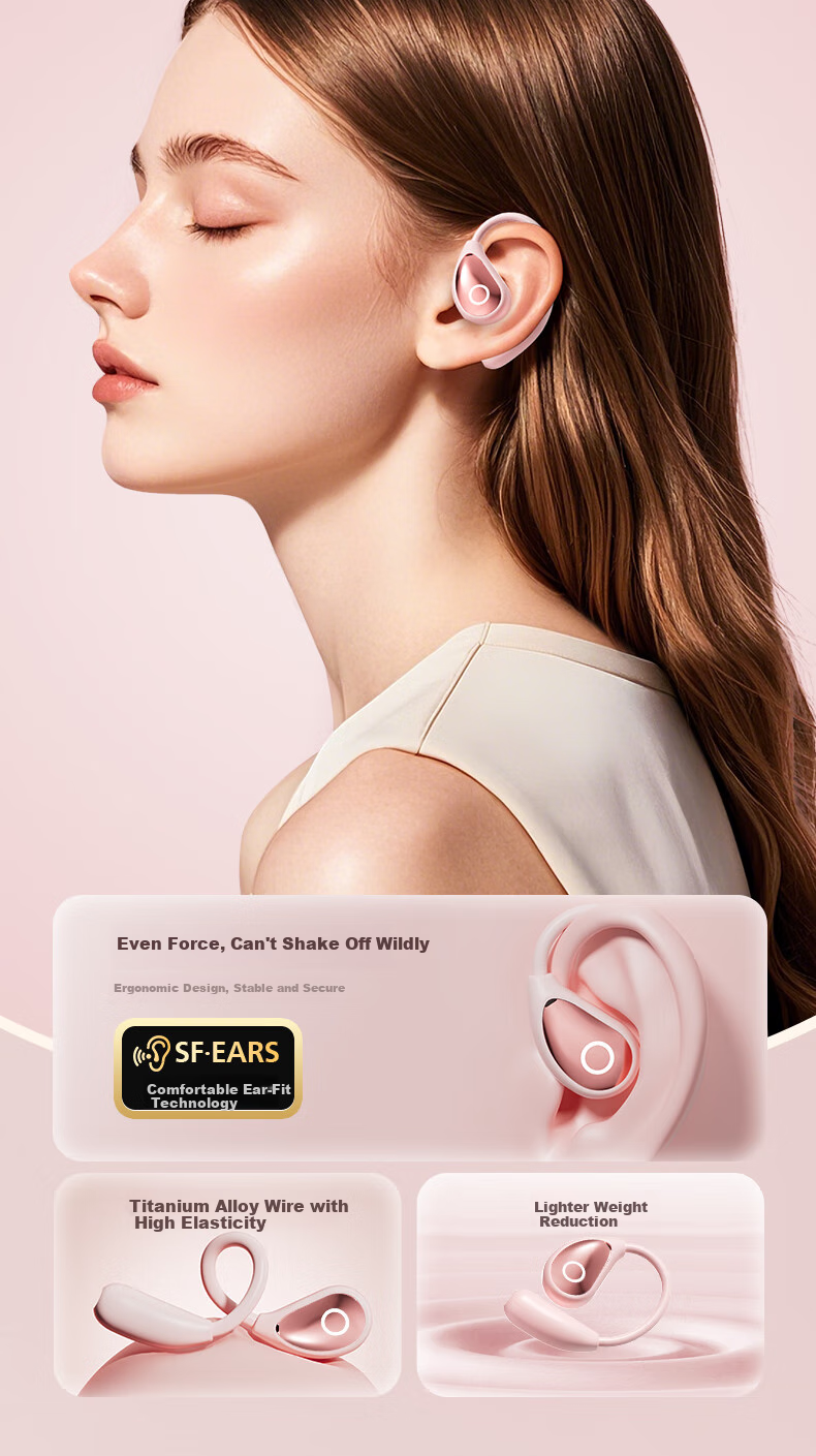 CLAISON [2025 New Model | Berlin Voice] Bluetooth Earphones, Over-Ear Bone Conduction Concept, Open Wireless Non-In Sports Running Noise-Cancelling Ear Clip Style M95-Yuan White 5
