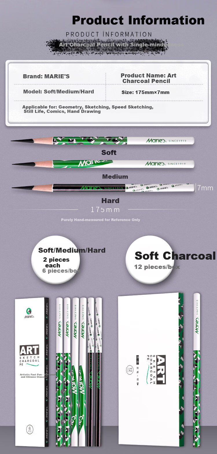 Marie's Sketching Pencils, 12-Pack, Exam-Specific Hard Drawing Carbon Pens, for Art Students, C7370-2 Medium Carbon Lead 11