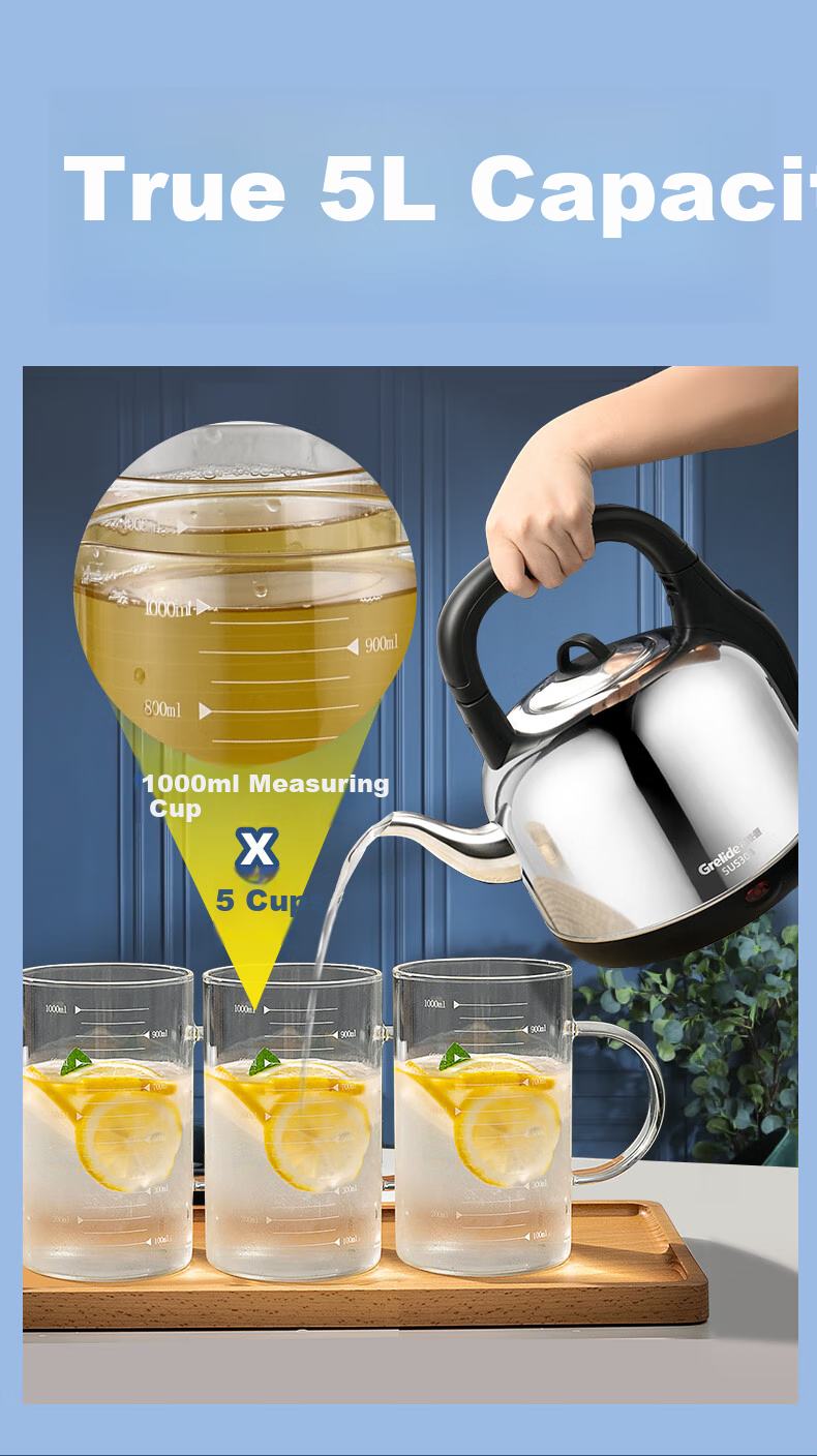 Grelide Electric Kettle 4.2L Large Capacity 304 Stainless Steel High Power Water Boiler Home Whistling Reminder Auto Shut-Off Detachable Base 4201M 3