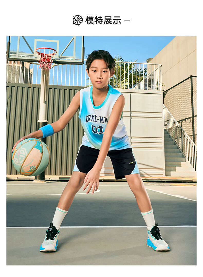 ERKE Children's Clothing, Boys' Sportswear Set for Older Kids, Summer Sleeveless Basketball Outfit, Tianjilan Color, Size 170 10