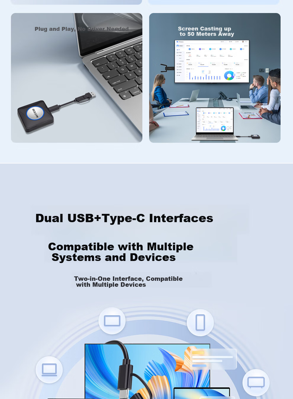 BOEGAM Wireless Screen Mirroring Device HDMI Cable 4K HD Transmission Screen Sharing Tool for Office And Home Use Compatible with Apple And Android Phones, No Network Required XS5D 3