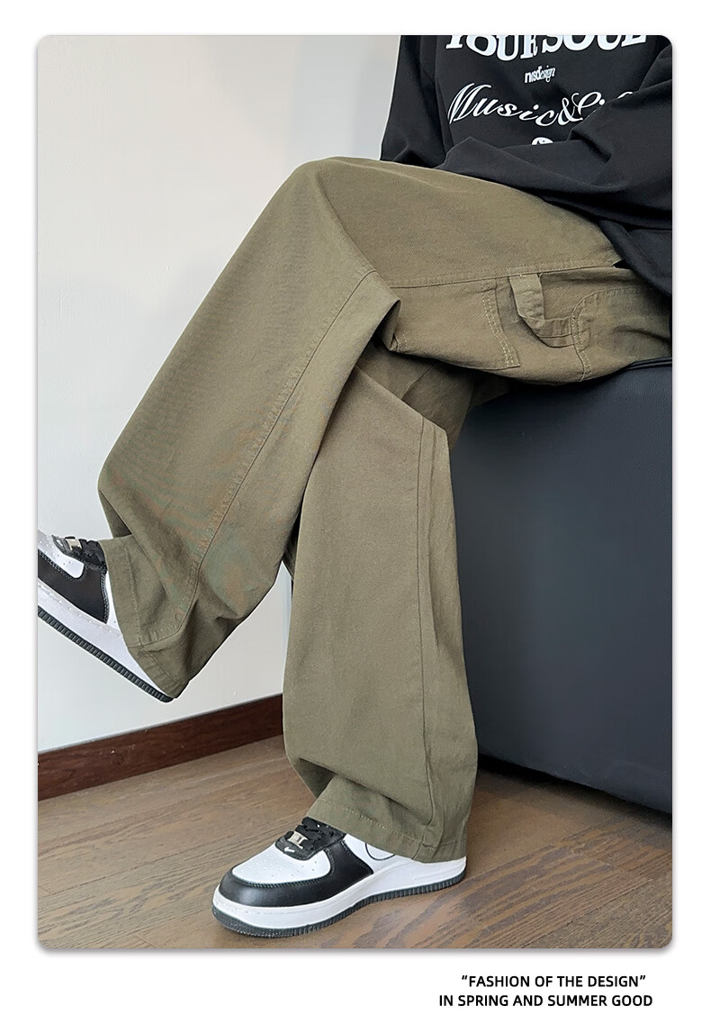 CLOR Japanese-Style Cargo Pants for Men, Spring And Summer Loose-Fit Pure Cotton Vintage Logging Straight-Leg Casual Trousers, CL55 Black XL 9