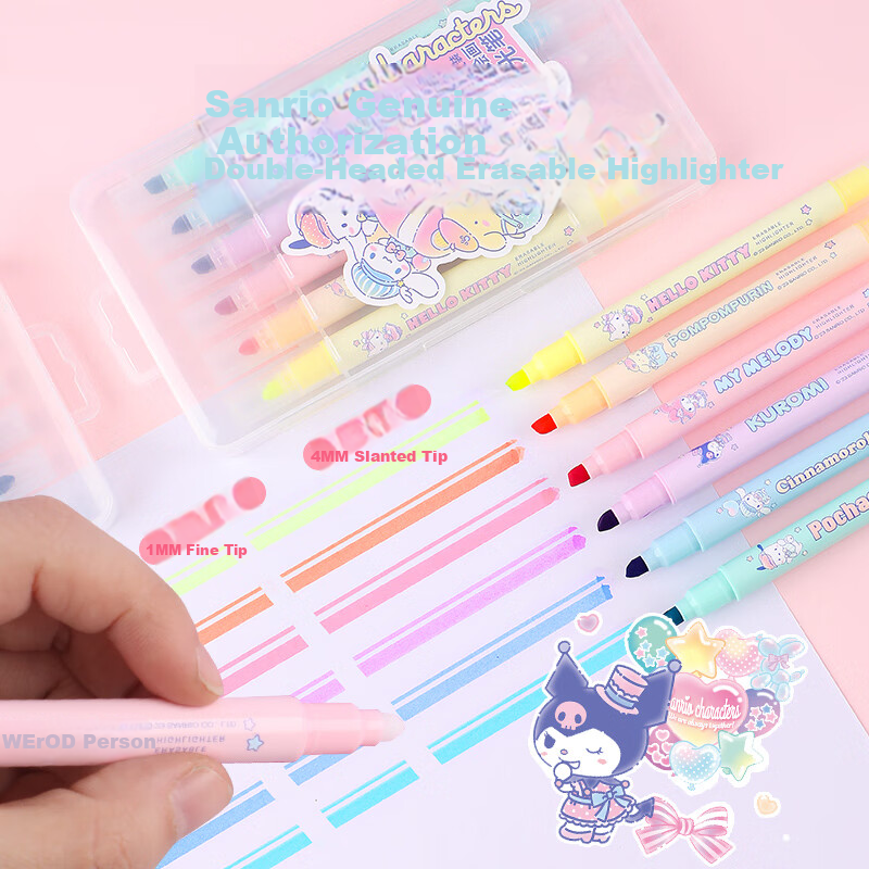 GuangBo Dual-Tip Erasable Highlighters, 6 Colors, Sanrio Collaboration Student Exam Review Highlighting Pens, Aesthetically Pleasing Journal Markers Office Marker KT84587